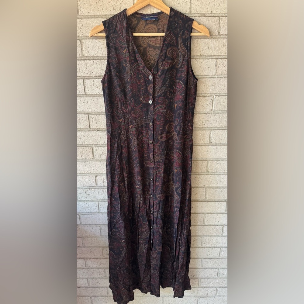 Breeches Sleeveless Paisley Button Down Maxi Dress in Dark Burgundy/Black Size 4